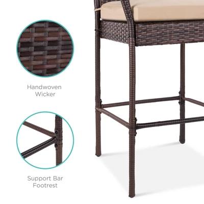 Best Choice Products Set Of 2 Wicker Bar Stools W/ Cushion, Footrests, Armrests For Patio, Pool, Deck 5 Best Choice Products Set Of 2 Wicker Bar Stools W/ Cushion, Footrests, Armrests For Patio, Pool, Deck - Image 5