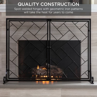 Best Choice Products 44x33in 2-Panel Handcrafted Wrought Iron Geometric Fireplace Screen W/ Magnetic Doors 5 Best Choice Products 44x33in 2-Panel Handcrafted Wrought Iron Geometric Fireplace Screen W/ Magnetic Doors - Image 5