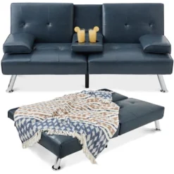 Best Choice Products Modern Faux Leather Convertible Futon Sofa W/ Removable Armrests, Metal Legs, 2 Cupholders -Best Choice Products GUEST 1ff9d19d f94b 49a8 95ca cdfb2f7e0039
