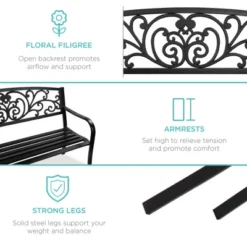 Best Choice Products Outdoor Steel Bench Garden Patio Porch Furniture W/ Floral Design Backrest, Slatted Seat -Best Choice Products GUEST 3fe0960f 84df 4ebe b9fe a3ea6eb15a16