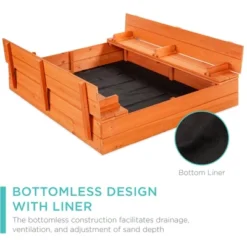 Best Choice Products 47x47-Inch Kids Wooden Outdoor Sandbox W/ 2 Foldable Bench Seats, Sand Protection, Liner - Brown -Best Choice Products GUEST 5e5d6341 6f74 4927 8c96 aab7e722e7bf