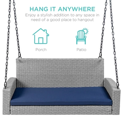 Best Choice Products Woven Wicker Hanging Porch Swing Bench For Patio, Deck W/ Mounting Chains, Seat Cushion 3 Best Choice Products Woven Wicker Hanging Porch Swing Bench For Patio, Deck W/ Mounting Chains, Seat Cushion - Image 3