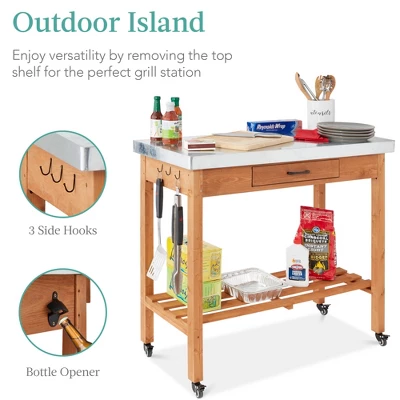Best Choice Products Mobile Outdoor Table And Storage Cabinet W/ Hooks, 4 Wheels, Stainless Steel Top - Stained Brown 1 Best Choice Products Mobile Outdoor Table And Storage Cabinet W/ Hooks, 4 Wheels, Stainless Steel Top - Stained Brown