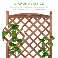 Best Choice Products Set Of 2 48in Wood Planter Box & Diamond Lattice Trellis, W/ Drainage, Optional Wheels - Walnut
