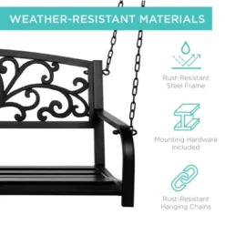 Best Choice Products 2-Person Metal Outdoor Porch Swing, Hanging Steel Patio Bench W/ Floral Accent - Black
