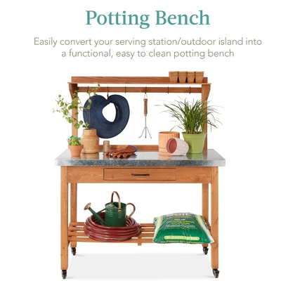 Best Choice Products Mobile Outdoor Table And Storage Cabinet W/ Hooks, 4 Wheels, Stainless Steel Top - Stained Brown 2 Best Choice Products Mobile Outdoor Table And Storage Cabinet W/ Hooks, 4 Wheels, Stainless Steel Top - Stained Brown - Image 2