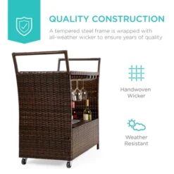 Best Choice Products Wicker Outdoor Rolling Bar Cart W/ Ice Bucket, Glass Countertop, Glass Holders, Storage - Brown -Best Choice Products GUEST c688ade6 a773 4232 a116 f71c5f412898