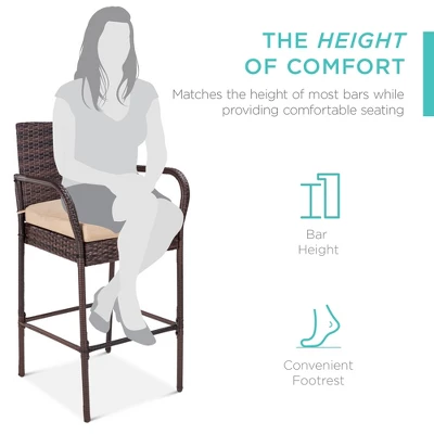 Best Choice Products Set Of 2 Wicker Bar Stools W/ Cushion, Footrests, Armrests For Patio, Pool, Deck 1 Best Choice Products Set Of 2 Wicker Bar Stools W/ Cushion, Footrests, Armrests For Patio, Pool, Deck