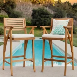 Best Choice Products Set Of 2 Outdoor Acacia Wood Bar Stools Bar Chairs W/ Weather-Resistant Cushions - Teak Finish